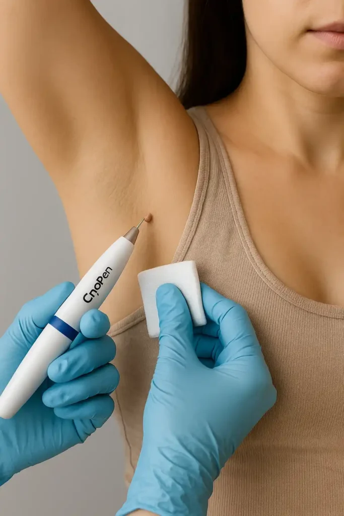woman having cryopen to remove underarm skin tags Holmes Chapel