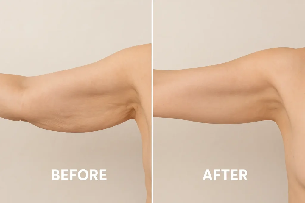 Picture of LA LIPO Holmes Chapel before and after results of skin tightening treatment on the upper arms.