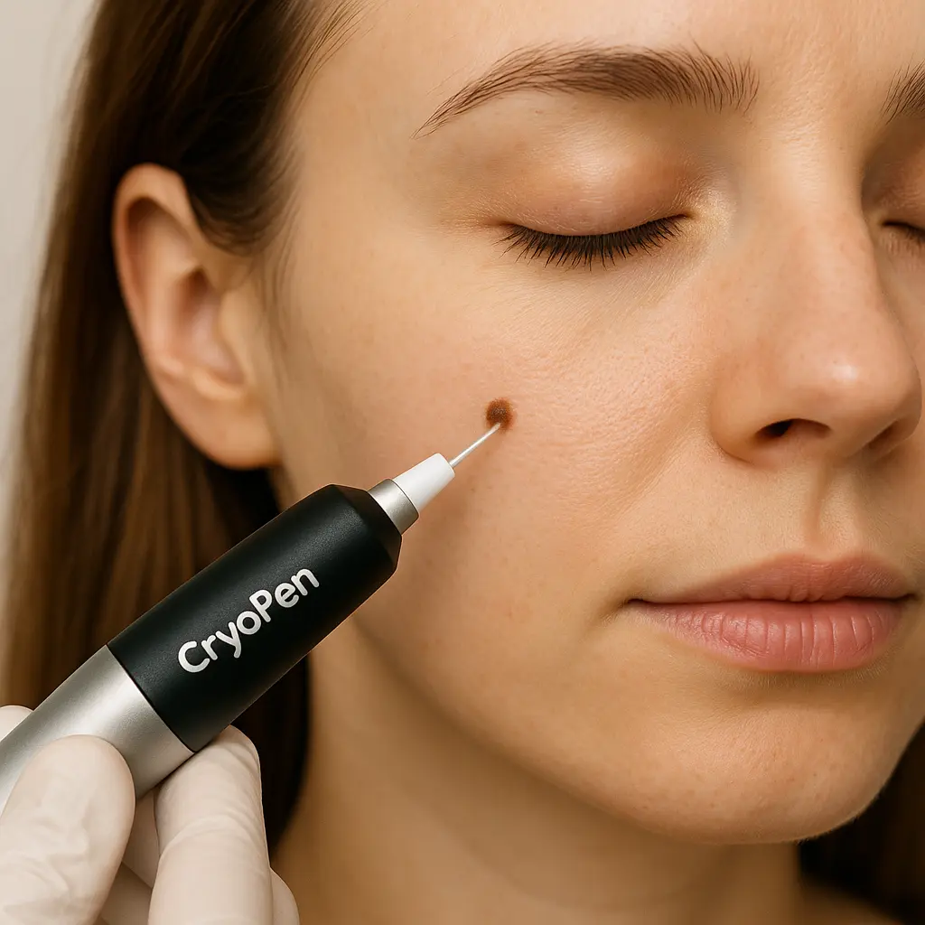 woman receiving facial mole removal Holmes Chapel using cryopen