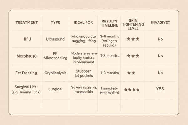 Table showing the comparisons of Skin tightening Holmes Chapel treatment options.